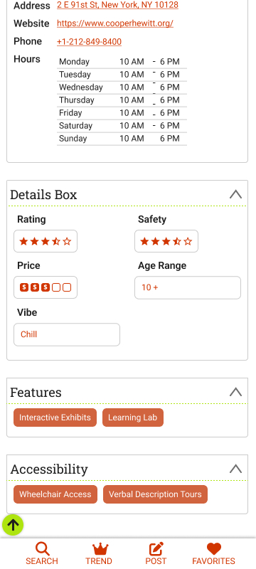Location layout with location details, features, and accessibility information