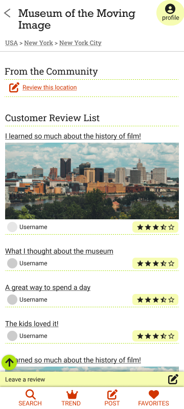 Review list layout with user ratings