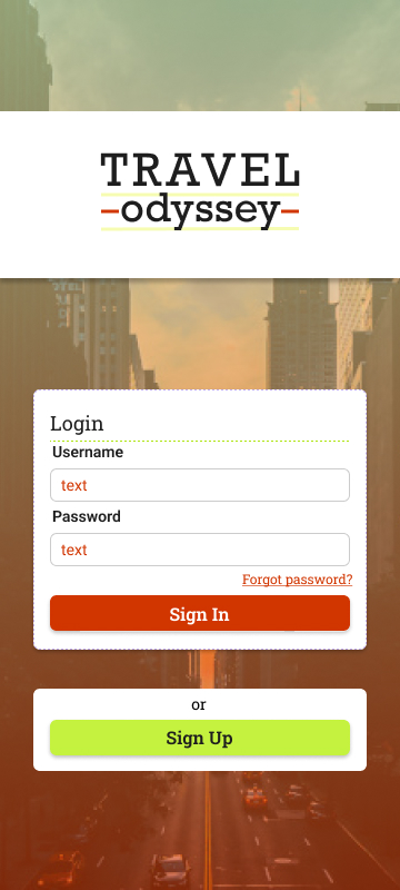 Login page for Travel Odyssey